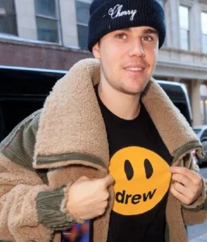 Justin Bieber Singer Fur Brown Jacket With Cord Patches