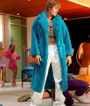 Justin Bieber Singer Long Blue Fur Coat