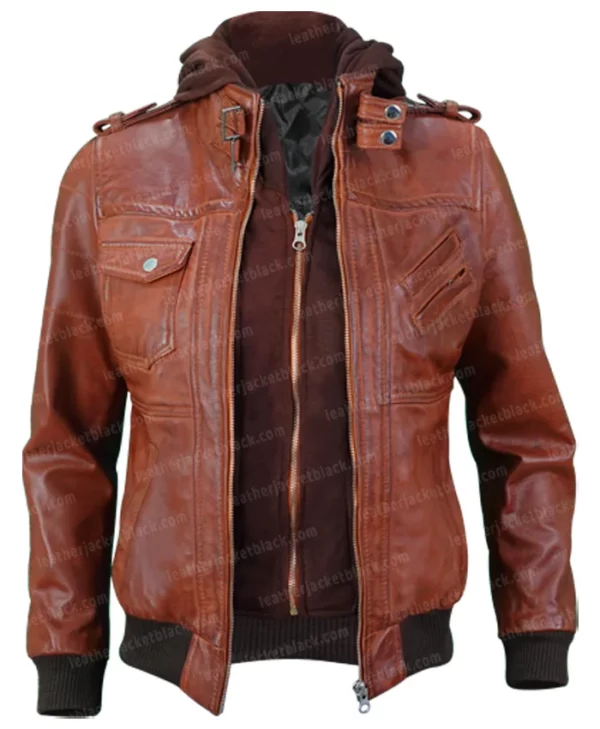 Mens Biker Removable Hood Bomber Brown Leather Jacket