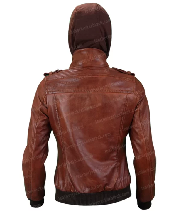 Mens Biker Removable Hood Bomber Brown Leather Jacket Back