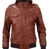 Mens Biker Removable Hood Bomber Brown Leather Jacket Front