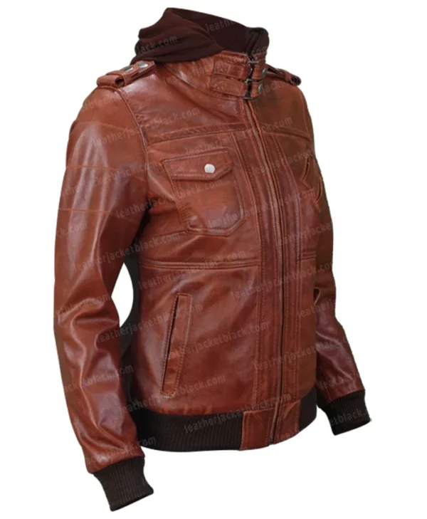 Mens Biker Removable Hood Bomber Brown Leather Jacket Right