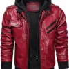 Mens Biker Removable Hood Bomber Red Leather Jacket