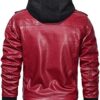 Mens Biker Removable Hood Bomber Red Leather Jacket back red