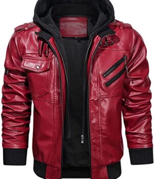 Mens Biker Removable Hood Bomber Red Leather Jacket open zip red