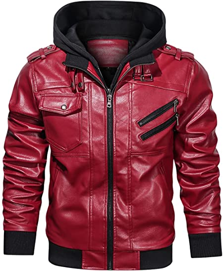 Mens Biker Removable Hood Bomber Red Leather Jacket red