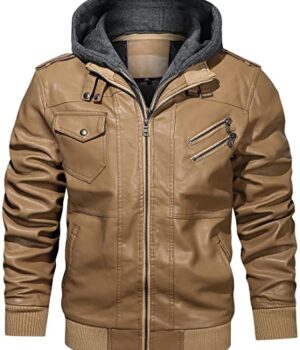 Mens Removable Hood Bomber Khaki Brown Leather Jacket