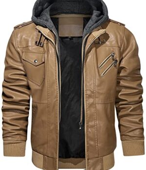 Mens Removable Hood Bomber Khaki Brown Leather Jacket front