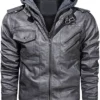 Mens Removable Hood Grey Motorcycle Bomber Leather Jacket
