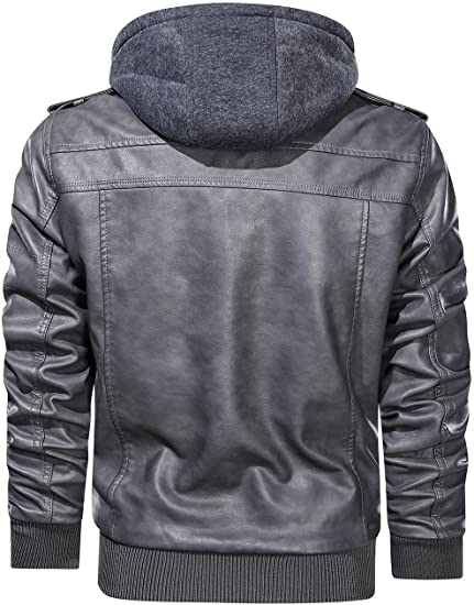 Mens Removable Hood Grey Motorcycle Bomber Leather Jacket back