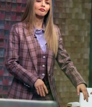 The Dropout Amanda Seyfried Pink Plaid Suiting Suit front