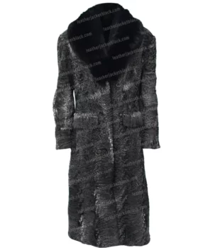 Grey Womens Persian Lamb Fur Mink Collar Trench Coat Front