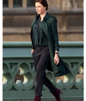 Mission Impossible Rebecca Ferguson Green Trench Coat front