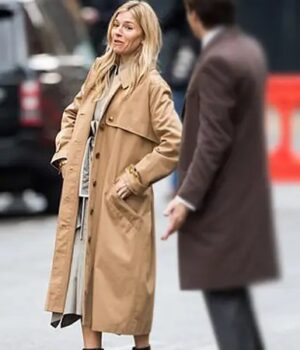 Sienna Miller Anatomy of a Scandal Beige Duster Coat front