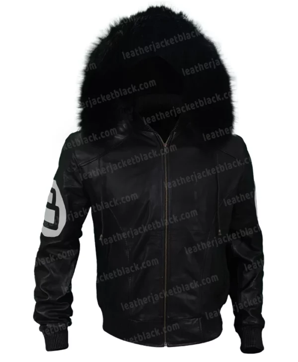 Unisex 8 Ball Bomber Hooded Parka Black Leather Jacket