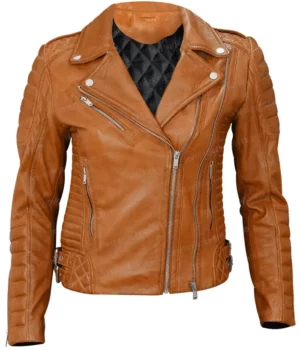 Womens Motorcycle Slim Fit Tan Brown Leather Quilted Classic Jacket front zip close