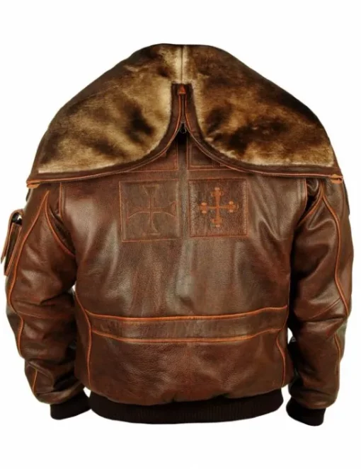 Cap Aviator Top Gun Brown Leather Jacket With Fur Hood back