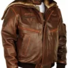 Cap Aviator Top Gun Brown Leather Jacket With Fur Hood front