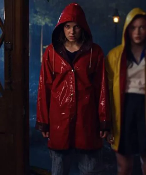 Stranger Things Eleven Red Hooded PU Leather Coat front