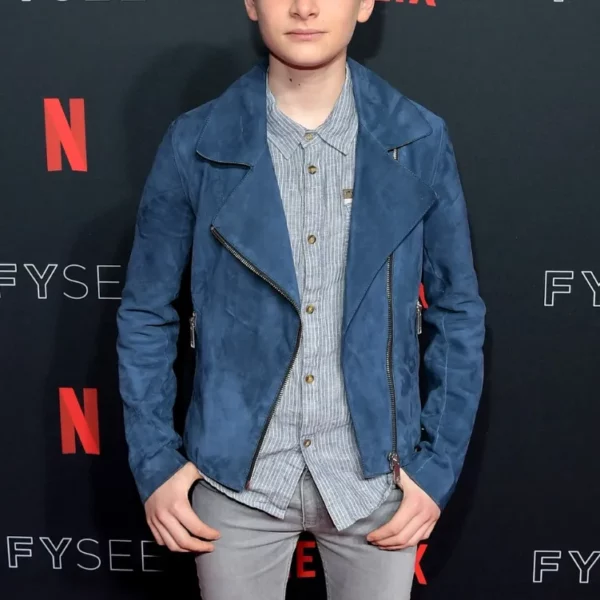Stranger Things Noah Schnapp Event Navy Blue Leather Jacket front