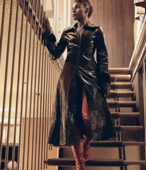 The Lovebirds Issa Rae Long Real Leather Coat front