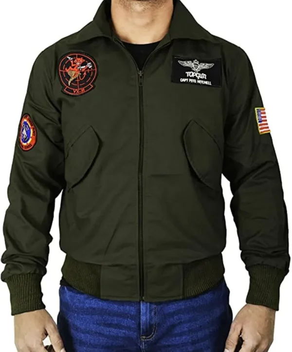 Tom Cruise Top Gun Maverick Green Cotton Bomber Jacket front close zip