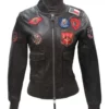 Top Gun Womens Black Leather Bomber Jacket front close zip
