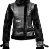 Womens Top Gun Black Fur Zipper Leather Jacket front