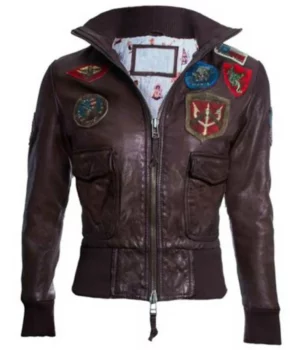 Womens Top Gun Dark Brown Leather Bomber Jacket front