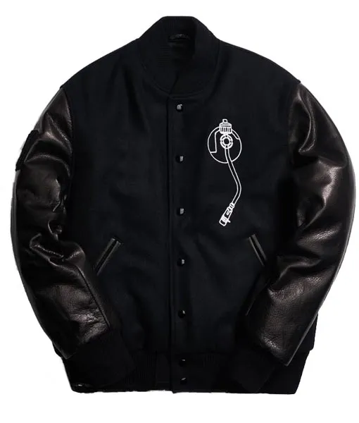 Def Jam Black Bomber Varsity Jacket With Leather Sleeves front LJB