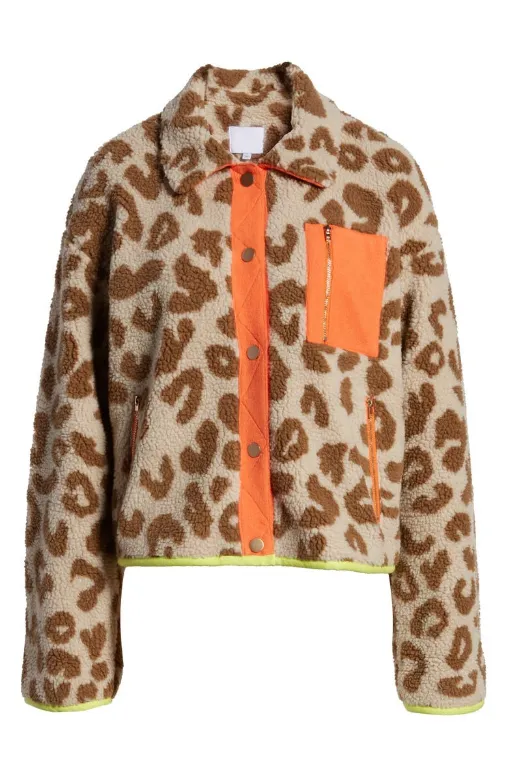 Emilia Jones Locke and Key Leopard Fur Print Jacket frotn