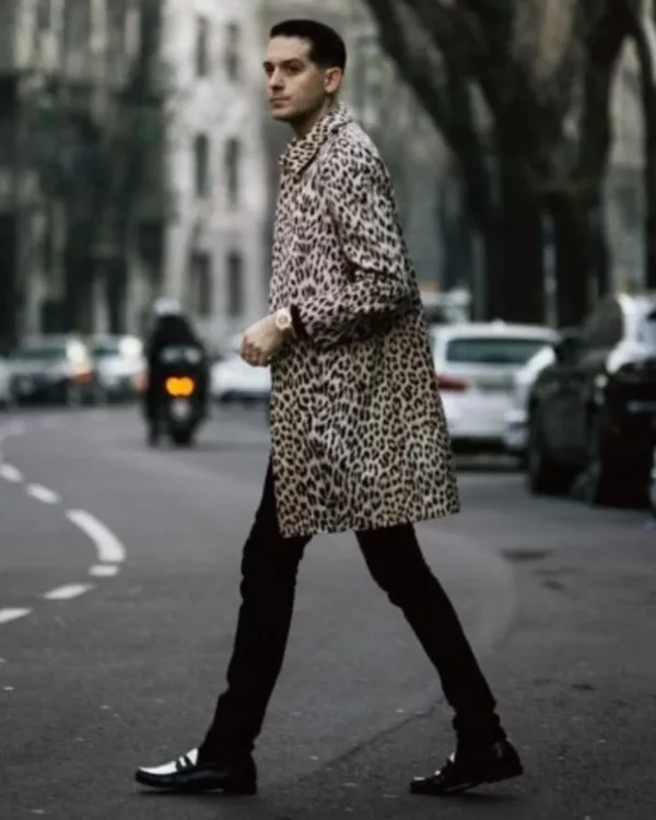 G-Eazy Leopard Print Long Cotton Leather Coat front