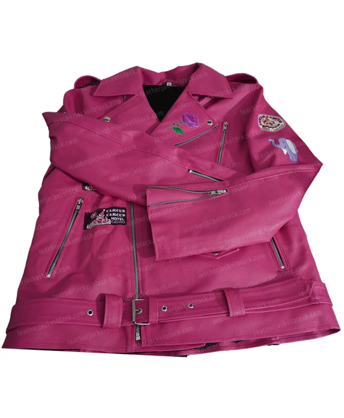 Nicolas Cage Pink Leather Biker Logo Jacket