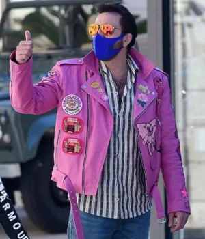 Nicolas Cage Pink Motorcycle Real Leather Jacket front