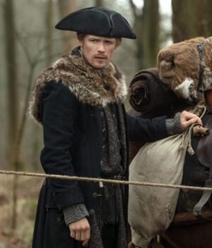 Outlander Jamie Fraser Fur Gray Wool Coat front LJB
