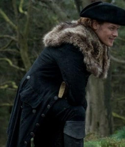 Outlander Jamie Fraser Fur Gray Wool Coat side LJB
