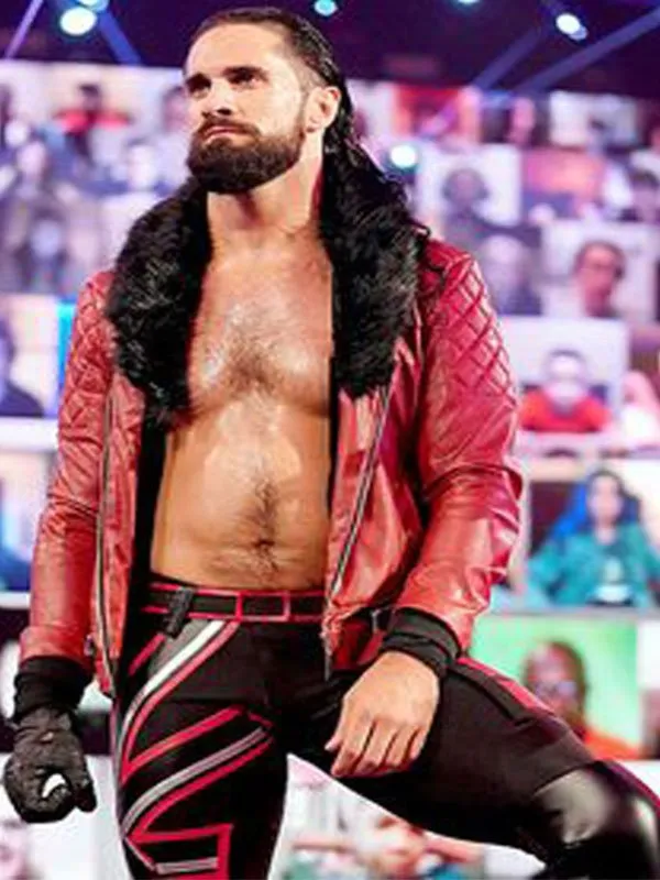 WWE Seth Rollins Quilted Red Fur Real Leather Jacket frot