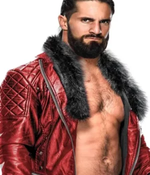 WWE Seth Rollins Quilted Red Fur Real Leather Jacket side