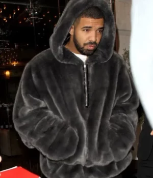 Drake Fuzzy Fur Black Hooded Jacket