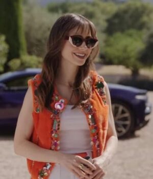 Lily Collins Emily In Paris S03 Orange Embroidered Vest