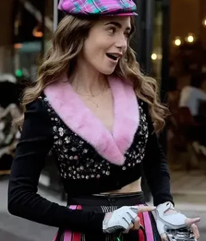 Lily Collins Emily in Paris S2 E3 Pink Fur Collar Cardigan