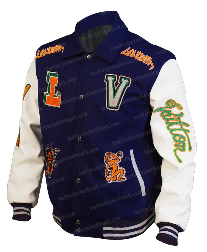 Frank Clark LV Patches Runway Purple Varsity Jacket For Sale