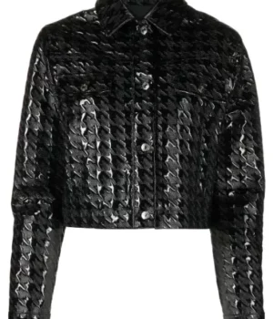 E! News 2023 Selena Gomez Houndstooth-Pattern Black Biker Jacket For Women
