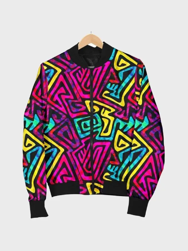 Funky Pattern Print Fleece Bomber Jacket