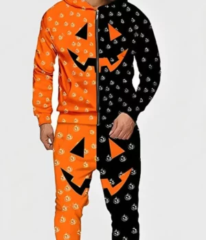 Halloween 2023 Orange & Black Pumpkin Hooded Zipper Tracksuit For Sale