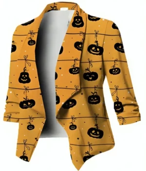 Halloween Pumpkin Yellow Printed Blazer
