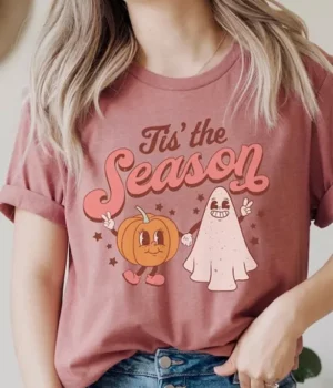 Tis’ The Season Pumpkin Ghost Halloween Pink Shirt