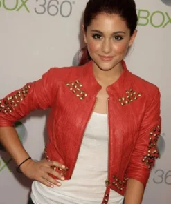 Ariana Grande Red Studded Red Cropped Leather Jacket