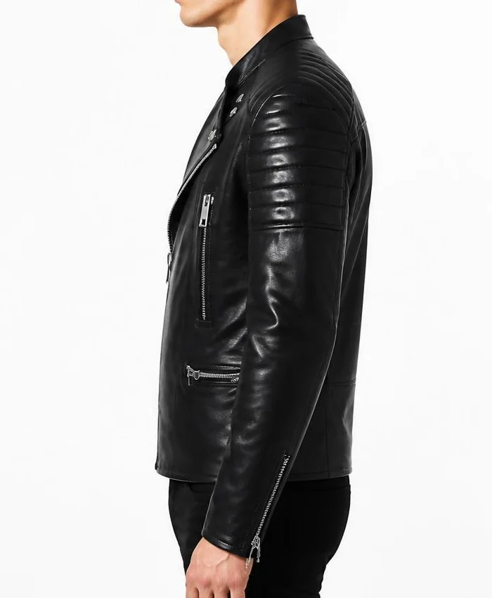 Asymmetrical Bikers Black Jacket Padded Shoulders