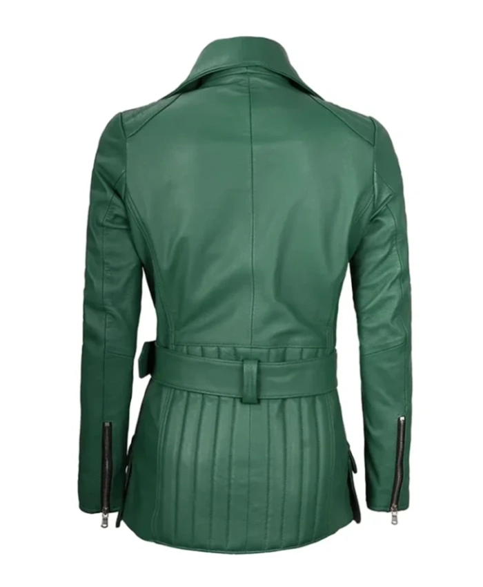 Griffin Womens Asymmetrical Belted Leather Jacket - Green